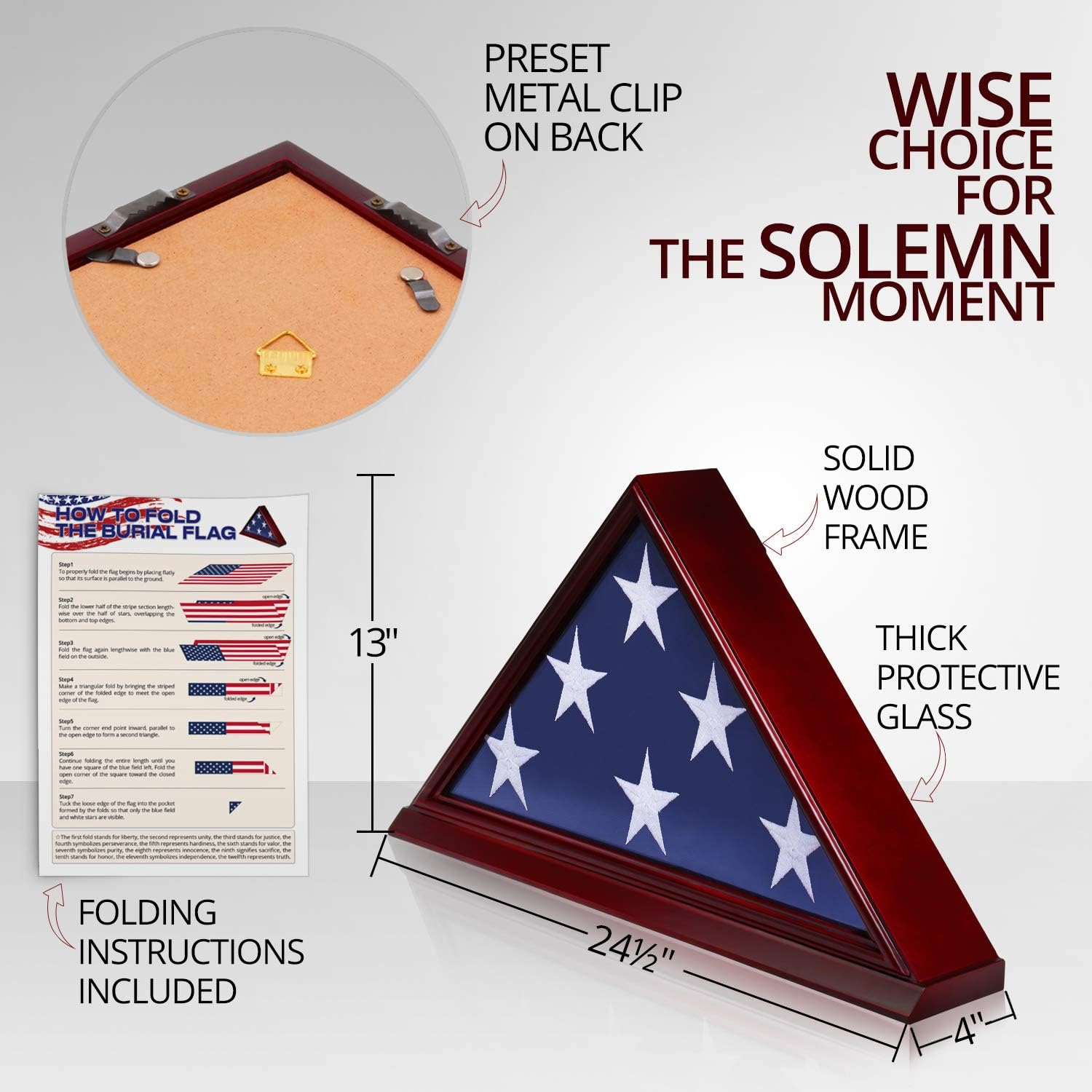 ANLEY Solid Wood Memorial Flag Display Case with Base - Real Glass Front - Wall Mounted Burial Flag Frame - American Veteran USA 5' x9.5' Folded Flags Shadow Box