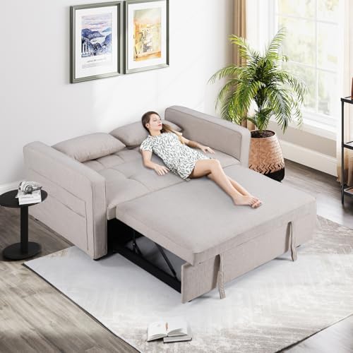 3-in-1 Convertible Sleeper Sofa Bed, Futon Couches with Pullout Bed, 2-Seater Loveseat Sofa with Storage Pockets, Adjustable Backrest and Toss Pillows for Living Room Apartment, Grey