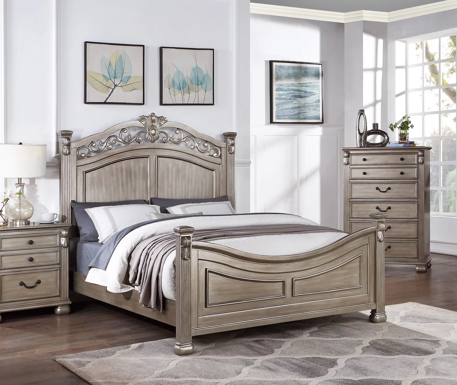 American Classic Eastern King Bed 2x Nightstands Wooden Grey Finish 3pc Set Master Bedroom Furniture