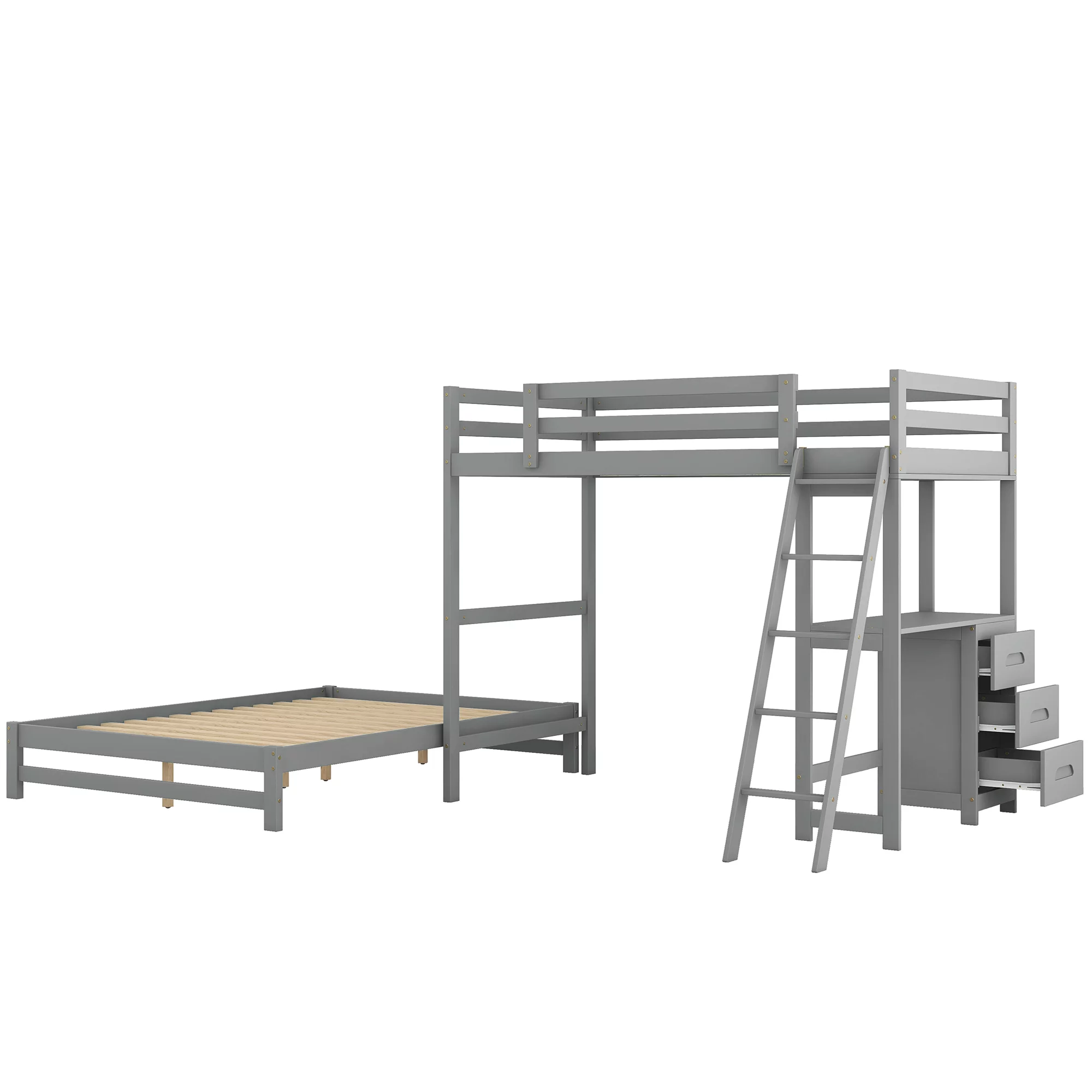 EUROCO Twin over Full Bunk Bed with Desk and Drawers for Kids Room, Gray