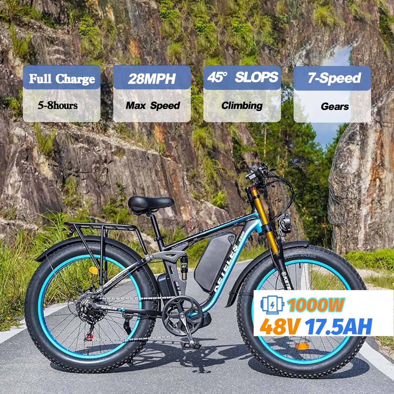 Electric Bike Ebike for Adults 26" Electric Mountain Bike with 48V 17.5Ah Removable Battery 1000W Long Range Ebikes E Bike up to 28MPH with Full Suspension Dual Hydraulic Disc Brake