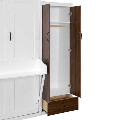KLMM Wooden Murphy Bed Wall Bed with 2 Wardrobe and Storage Shelf,Foldable Platform Bedframe for Guest-Room Bedroom Study Office Use (White#E, Full)