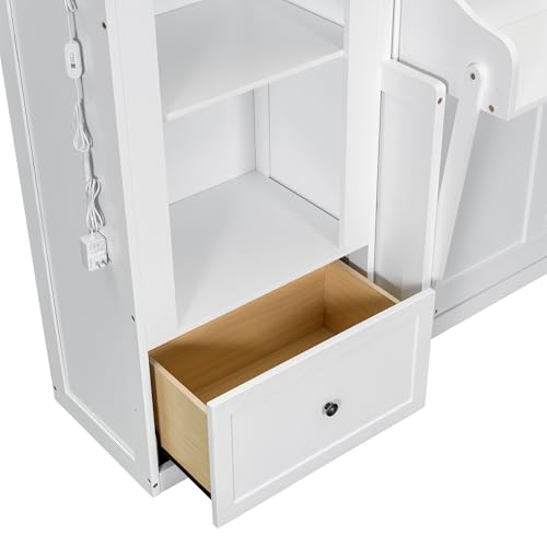 KLMM Wooden Murphy Bed Wall Bed with 2 Wardrobe and Storage Shelf,Foldable Platform Bedframe for Guest-Room Bedroom Study Office Use (White#E, Full)