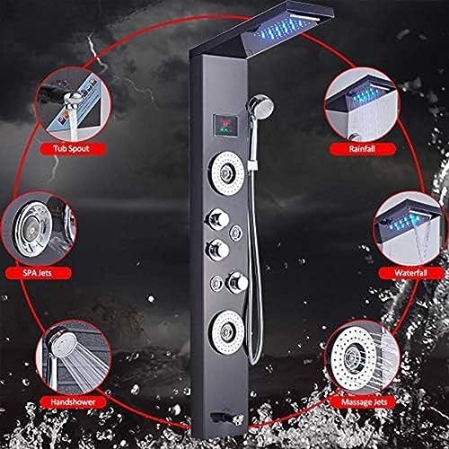 Shower System, Black Digital Shower Panel Column LED Rain Waterfall Shower Wall Mounted Side Spa Jets Bathroom Shower Set-Blackend,Blackend