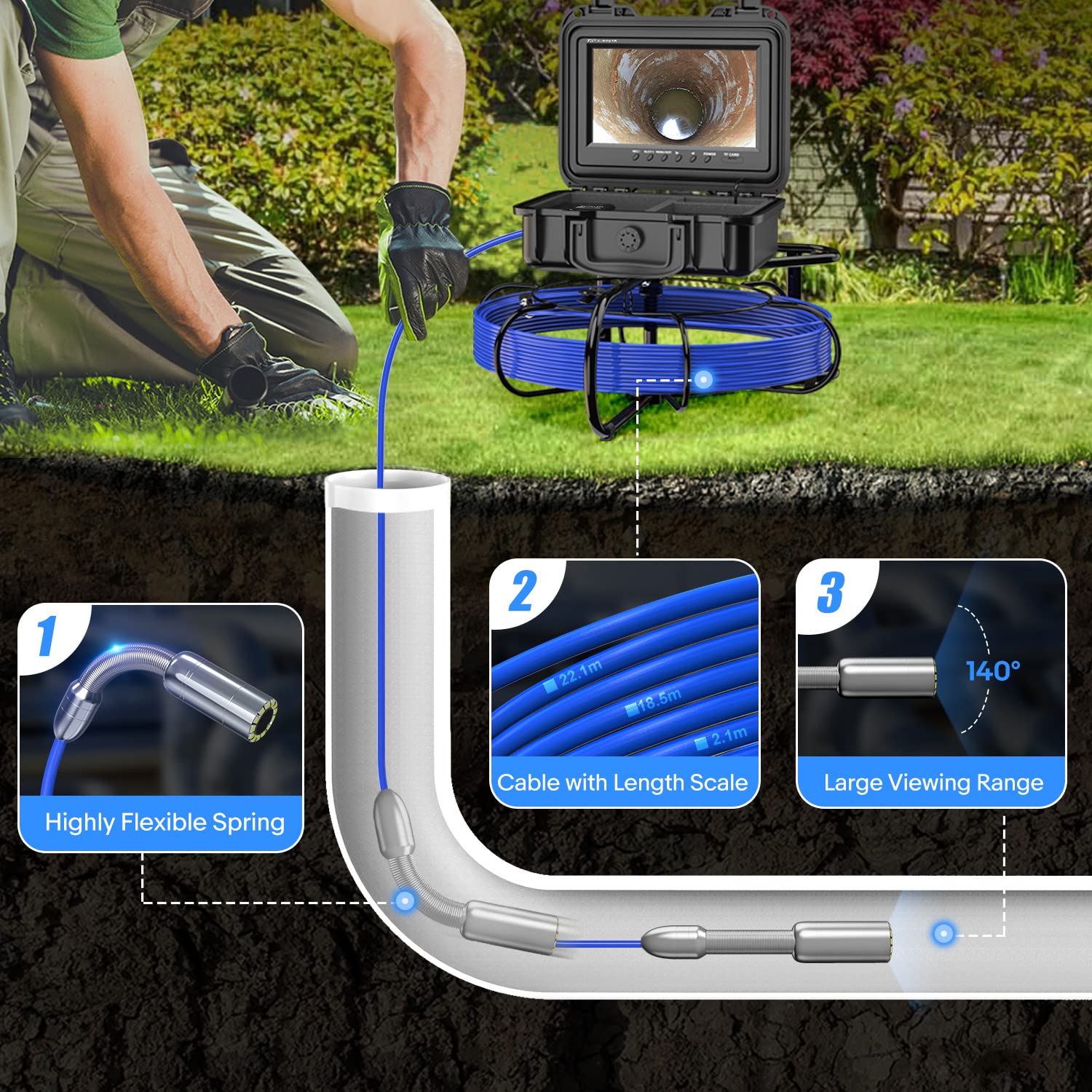 Oiiwak 100FT Sewer Camera with Cable Length Scale 9&rdquo; Screen 720P AHD Borescope Inspection Camera with 12 Adjustable LED Lights IP68 Waterproof Industrial Endoscope Snake Camera for Drain Pipe Plumbing