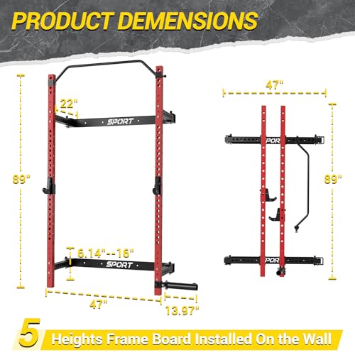 Folding Squat Rack for Home Gym, 2.36" x 2.36" Folding Power Rack with Pull Up Bar, J Hooks and Landmine Attachments, 1000 LBS Capacity Wall Mounted Squat Rack, Space Saving Weight Cage