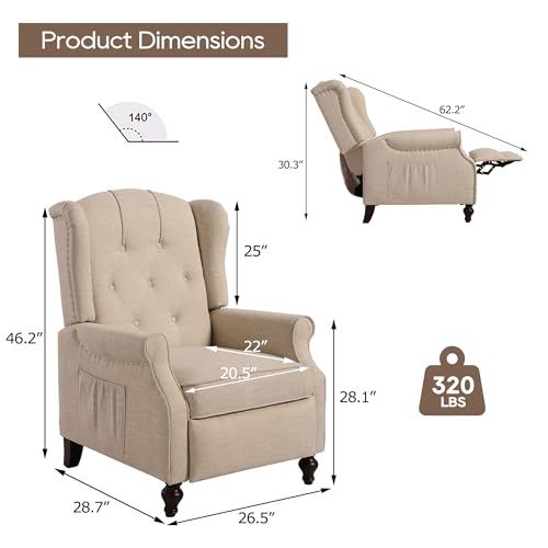 Wingback Recliner Chair with Massage and Heat, Tufted Fabric Pushback Recliner Chair, Wingback Chair with Remote Control, Padded Cushion, Wooden Legs, Small Recliners for Small Spaces