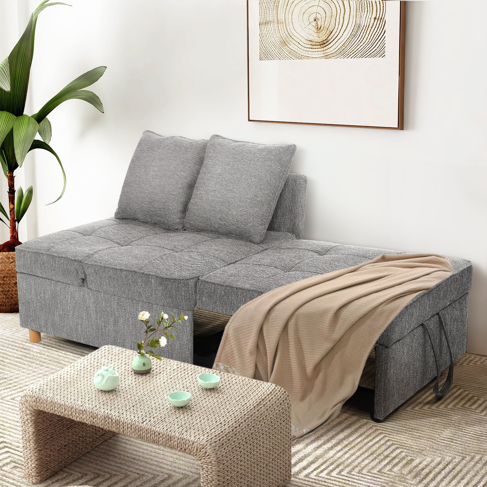 SEJOV Convertible Sofa Bed 4-in-1 Sofa Beds Chair 3-Seat Futon Sofa, Linen Sleep Bed Couch with 5 Adjustable Backrest and Pillows,Living Room Furniture for Apartment Living Room Office，Gray