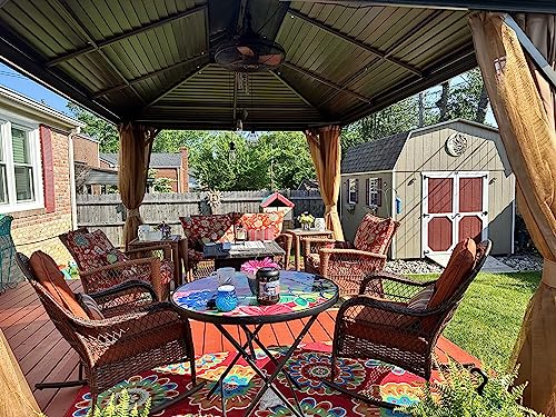 YOLENY 10' x 12' Hardtop Gazebo, Wood-Looking Gazebo with Galvanized Steel Double Roof, Aluminum Frame, Permanent Metal Pavilion with Netting and Curtains for Deck, Backyard, Patio and Lawns