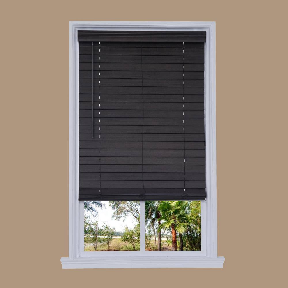 US Shade and Shutter Cut-to-Width Brown Oak Cordless 2.5 in. Distressed Faux Wood Blind - 52 in. W x 72 in. L