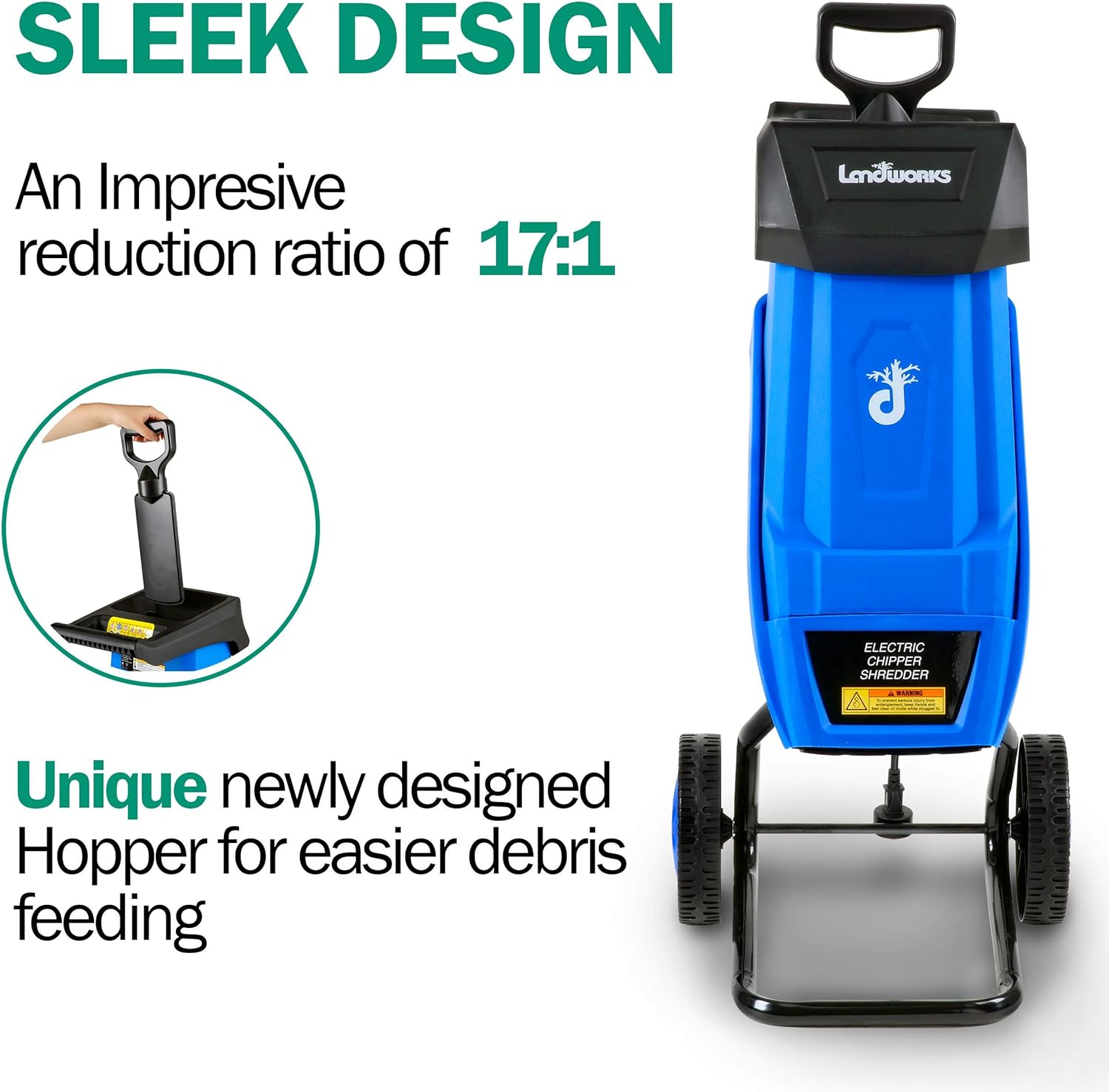 Landworks Wood Chipper Shredder Electric Light Duty 17:1 Reduction 15-Amp 1800 Watts 120VAC Dual Edge Blades for Lawn and Garden Use or Fire Prevention Building a Firebreak
