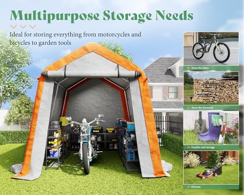 AMERLIFE 10.5x12x8 FT Heavy Duty Portable Shed Storage Shelter, Outdoor Storage Shed with 4 Waterproof Windows & Roll-up Zipper Door, Carport for Motorcycle, Bike, Grey