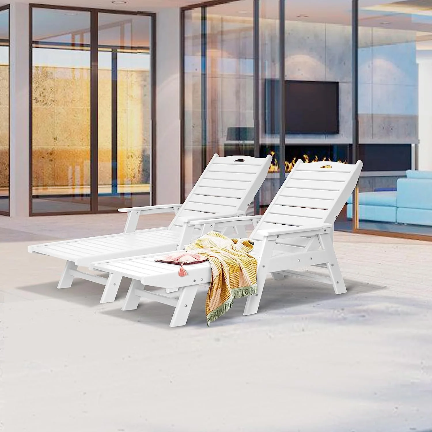 NALONE Chaise Lounge Outdoor with 5-Position Adjustable Backrest, HDPE Lounge Chair for Outside Supports Up to 400 LBS, Pool Lounge Chairs for Patio Poolside Deck Beach Backyard(White)