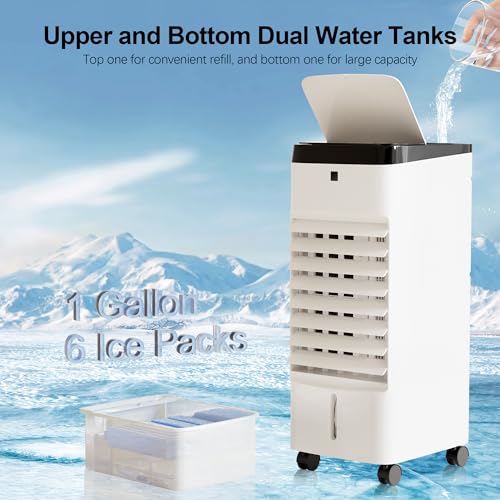 Uthfy Evaporative Air Cooler, 3 In 1 Swamp Cooler with 6 Ice Packs, Remote, 12H Timer, Portable Evaporative Cooler with 70° Oscillation, 3 Speeds, 3 Modes