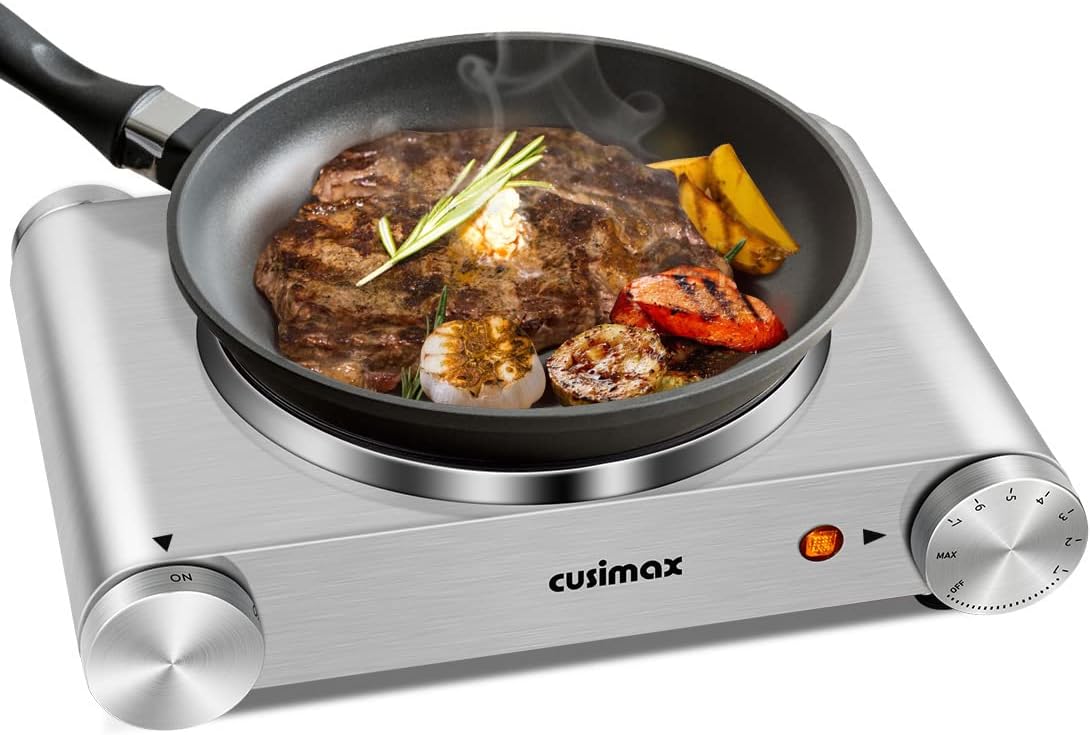 Hot Plate, CUSIMAX Double Burner 1800W Electric Burners, Double Hot Plate for Cooking Portable Electric Cooktop, Cast Iron Hot Plates, Countertop Burner, Black Stainless Steel, Easy to Clean