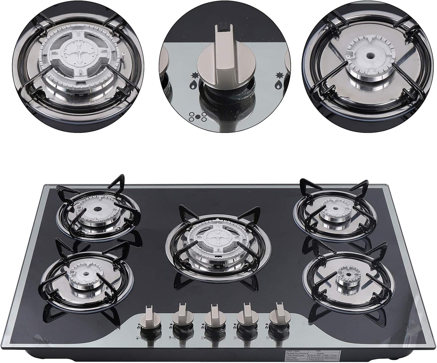 30In Gas Cooktop Stove Top, Gas Cooktop 5 Burner Tempered Glass Cooktop Built in Natural Gas/LPG Stove for Home Kitchen Cooker Easy Cleaning Stainless Steel Water Tray