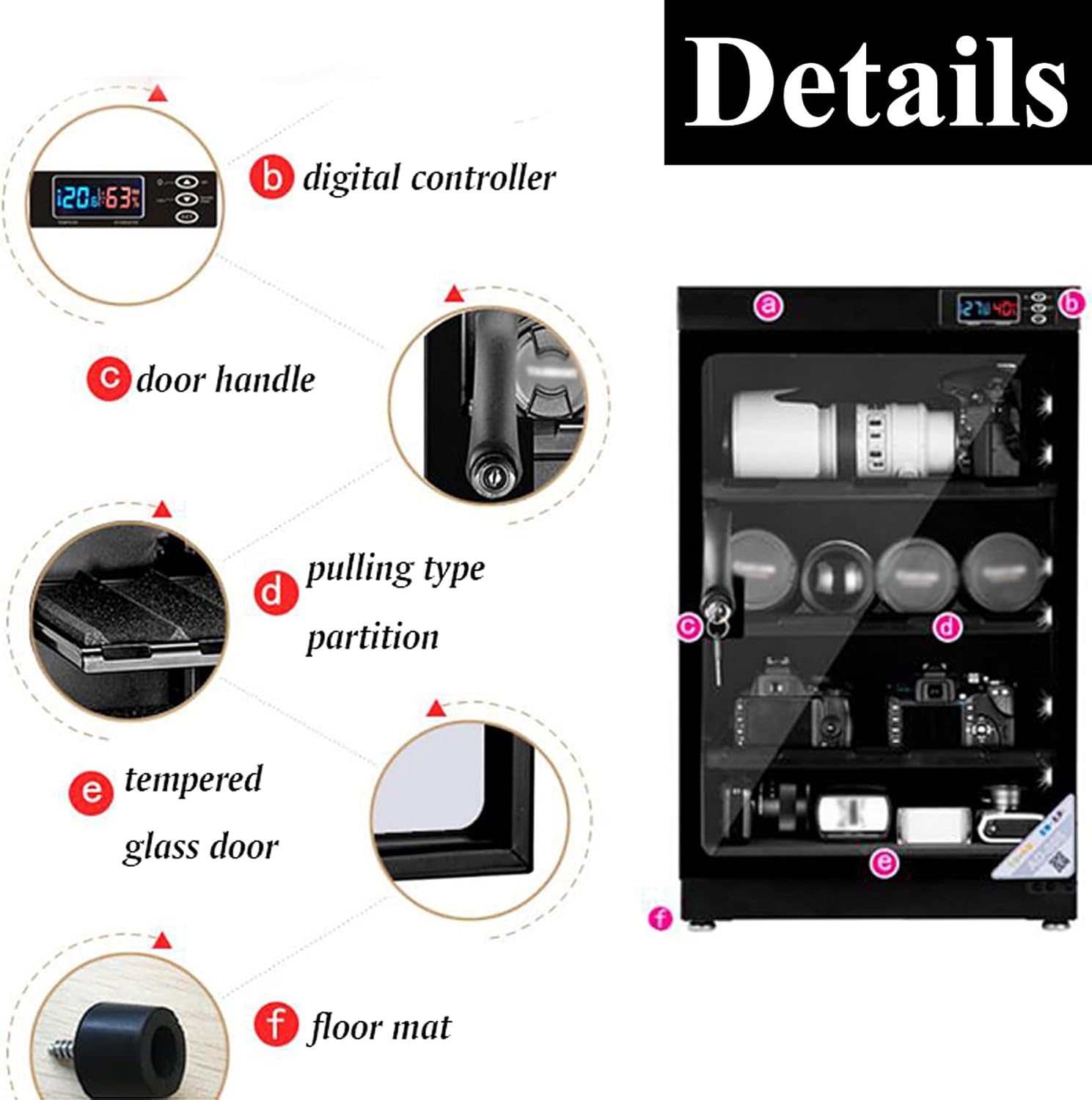 Automatic Digital Camera Dehumidify Storage 80L Dry Cabinet Box Storage 4 Layers Dry Cabinet with Tempered Glass for Camera & Lens Equipment Saving Storage Noiseless Energy Saving Cabinet