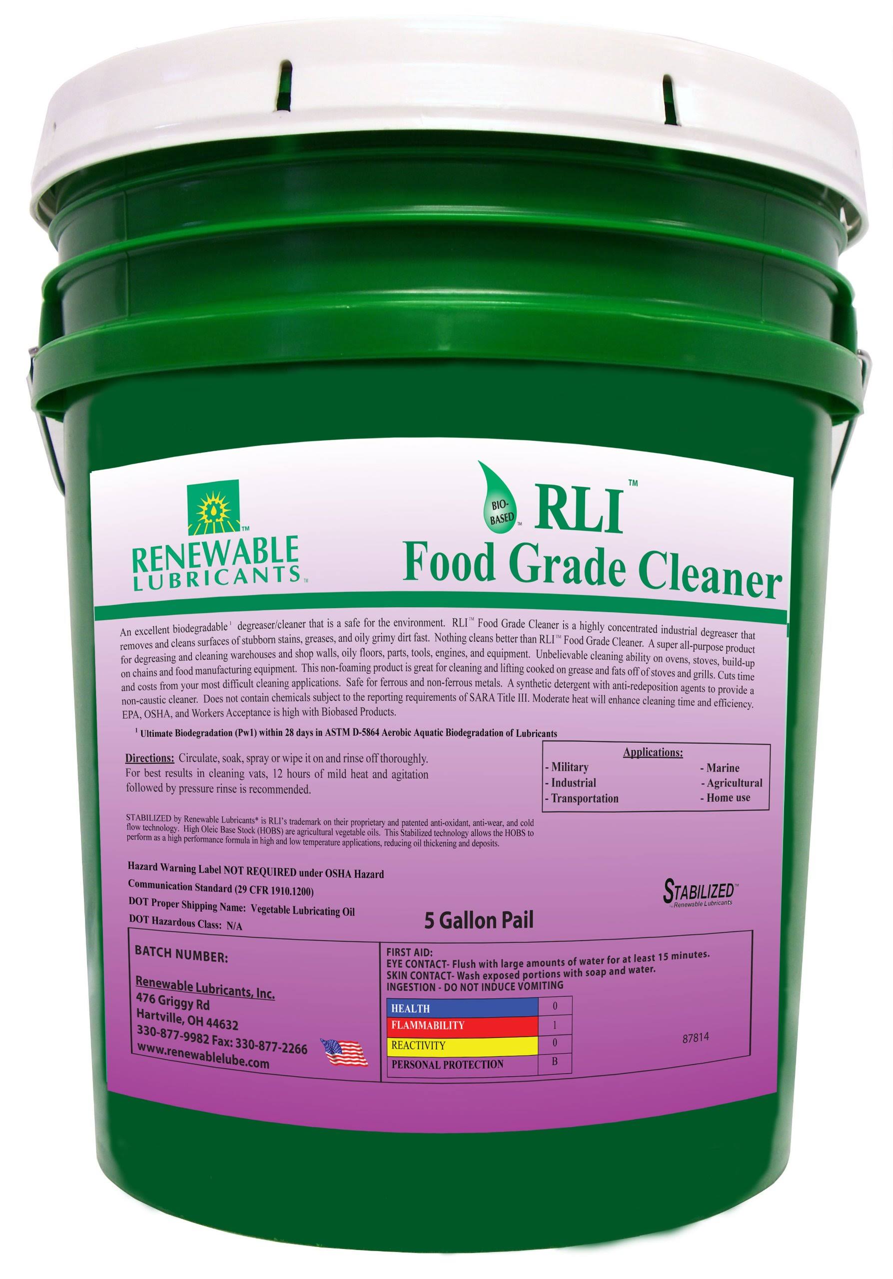 Renewable Lubricants - 87814 Food Grade Cleaner, 5 Gallon Pail