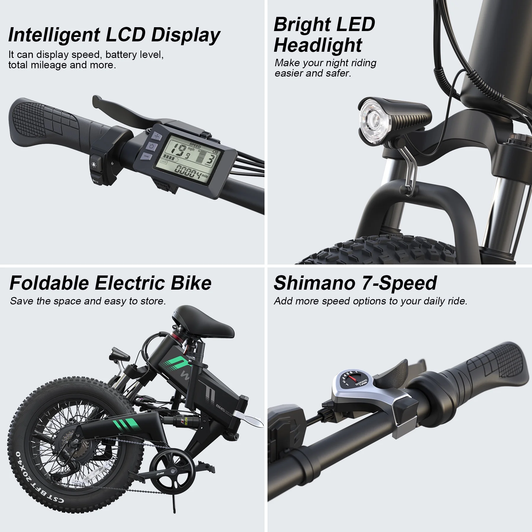Wooken Electric Bike, 20''X4.0 Fat Tire Electric Bike for Adults, 500W 20MPH Foldable Electric Bicycle with 48V 10Ah Built-in Battery, Shimano 7 Speed Wheels Electric Bike, Dual Shock Absorber