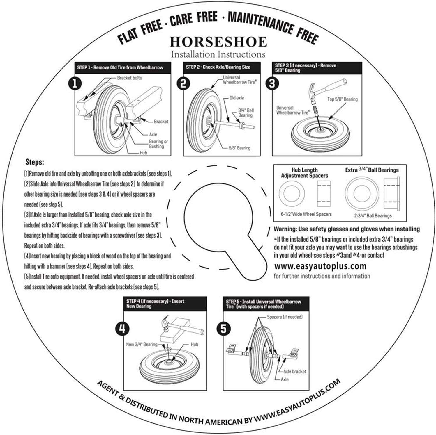 2 New HORSESHOE Flat Free Ribbed Wheelbarrow Cart Universal Wheels w/Grease Fitting Fits 4.80/4.00-8, 3.50-8, 4.00-6, 4.00-8, Center Hub Length 3"-6" Installed 5/8" Bearing + Extra 3/4" Bearing