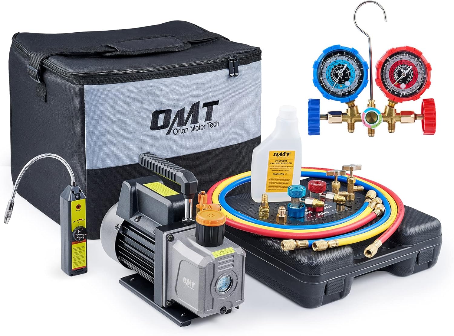 AC Vacuum Pump and Gauge Set, with 4CFM Vacuum Pump, Leak Detector, 3 Hoses, Quick Couplers, Puncture and self-sealing can taps, AC Gauges and Vacuum Pump Kit for R134a, R12, R22, R502 Refrigerant