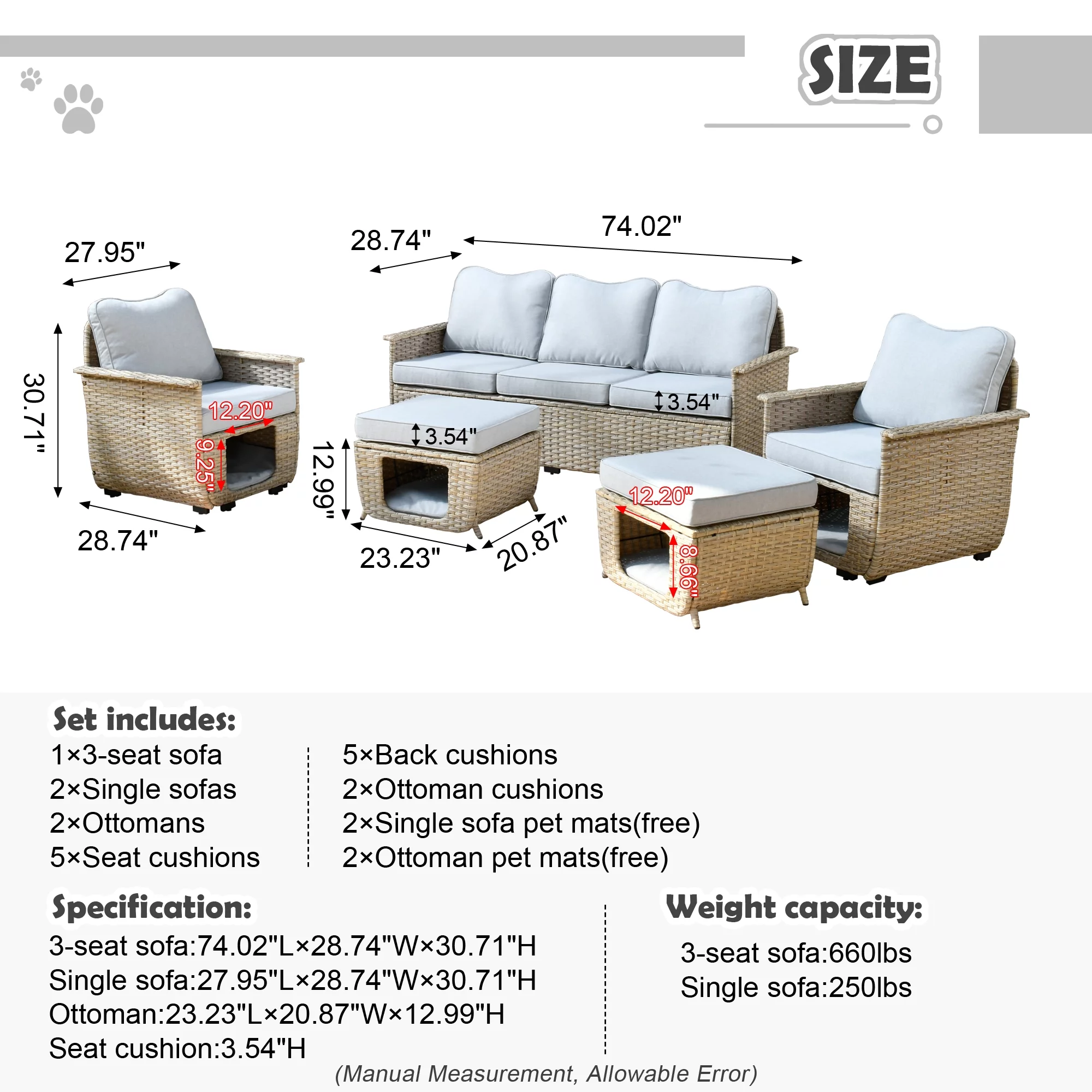 Ovios 5 Pieces Outdoor Furniture All Weather Wicker Patio Conversation Sectional Sofa Set with Storage Box for Garden Backyard