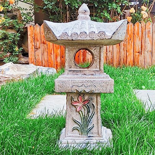 23.6’’High Asian Orchid Pagoda Statue Solar-Powered LED Light Miniature Tower Lantern Garden Decoration Figurines Solar Lamp Outdoor Japanese Decoration Zen Courtyard Landscape