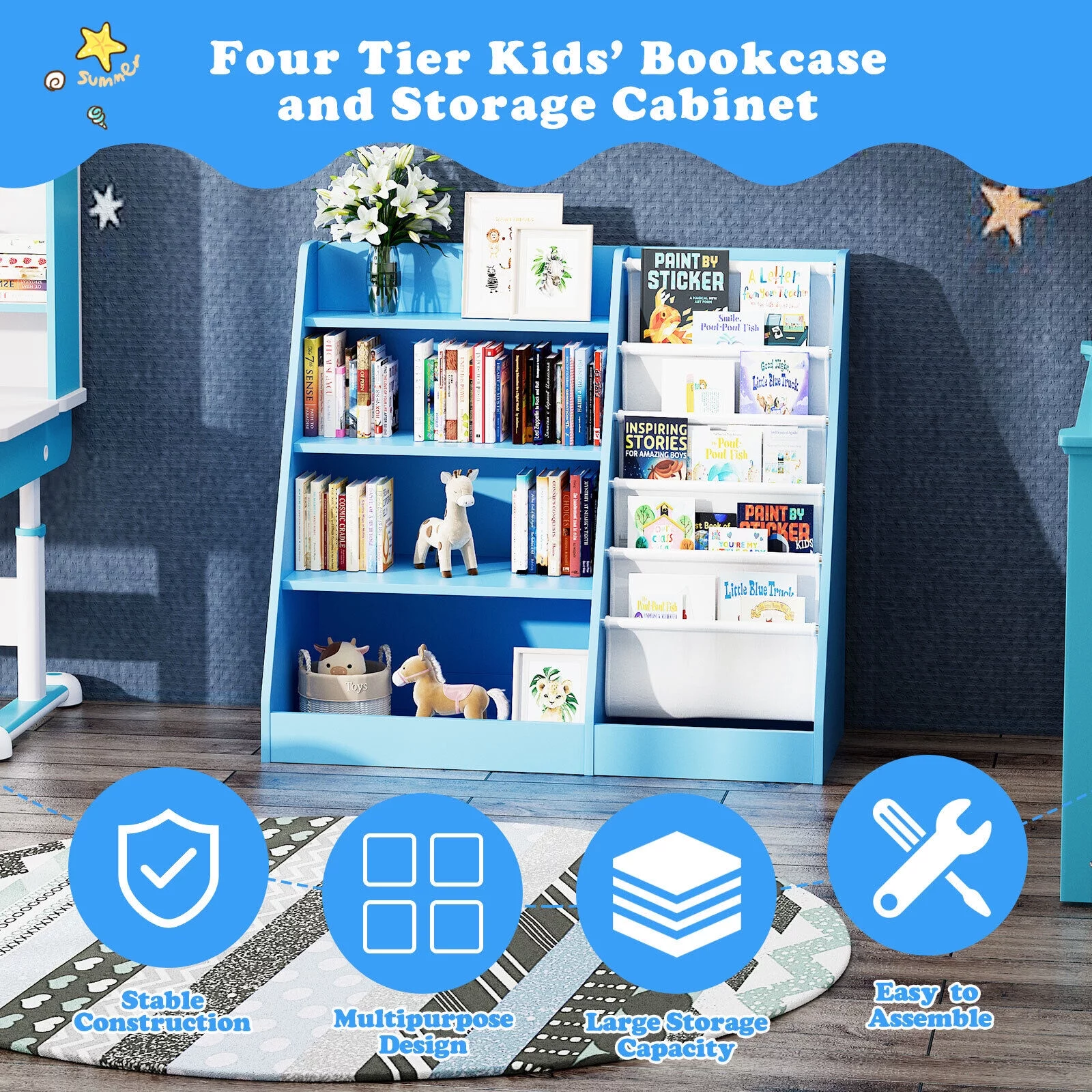 Kids Wooden Bookshelf,5-Layer Sling Bookcase,Storage Display Rack Toy Organizer Cabinet,for Kids Toddlers,Bedroom,Nursery,Blue