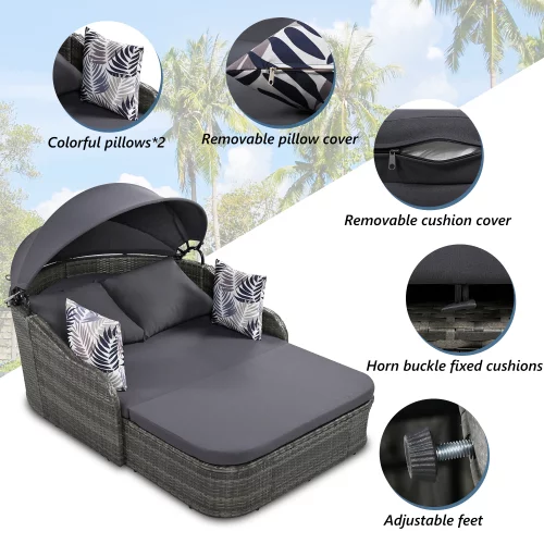 Churanty Outdoor Sunbed with Adjustable Canopy for Two Person Patio Chaise Double Lounger for Beach Backyard,Gray