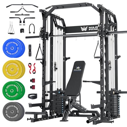 Major Fitness Drone2 Advanced Training Smith Machines– All-in-One Home Gym Squat Rack with Aluminum Pulley Set , Weight Bar, Dual LAT Pull-Down Systems & Cable Crossover Machine for Full-Body Workouts