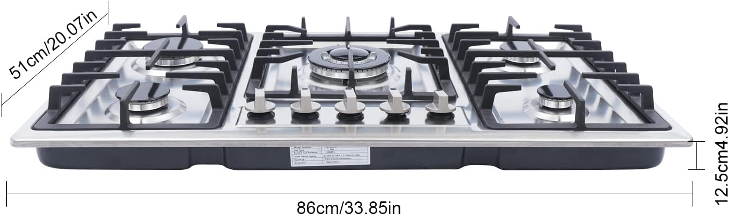 34 Inch Gas Cooktop 5 Burners Stainless Steel Gas Stove Top Built-in Gas Stove Cooktop Tempered Glass Panel LPG/NG Gas Cooktop Cooker Easy to Clean