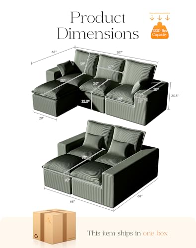 107" Comfy Cloud Couch with L-Shape Chaise & Deep Seat, Modular Sectional Sofa in a Box, Boneless Upholstered Couches for Living Room, No Assembly Required (Soft Corduroy, Black)
