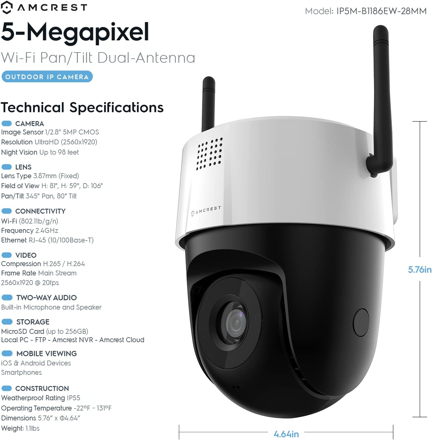 Amcrest 5MP UltraHD Mini AI Outdoor WiFi Camera, Security IP Camera with Two-Way Audio, 98ft Full Color Nightvision, Remote Viewing, 5-Megapixel, Wide 106° FOV, IP5M-1190W (White)