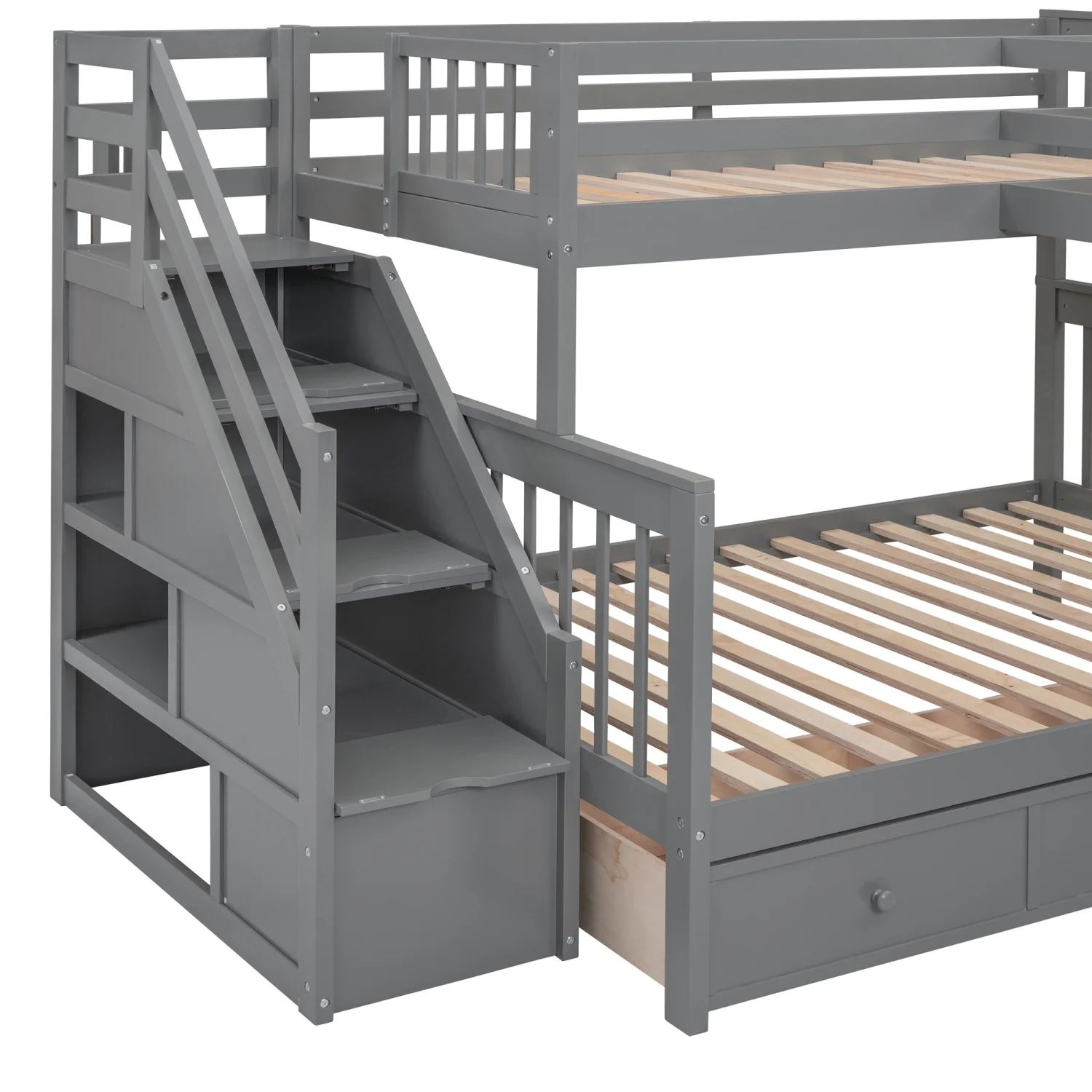 Churanty Twin-Twin Over Full L-Shaped Bunk Bed with Wardrobe Space,Solid Wood Staircase Bunk Bed with Portable Desk,Gray