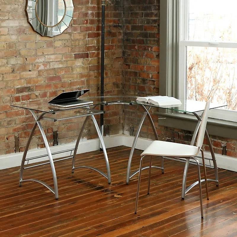 Latitude Run Cloer L-Shaped Metal Writing Desk; Silver / Clear Glass