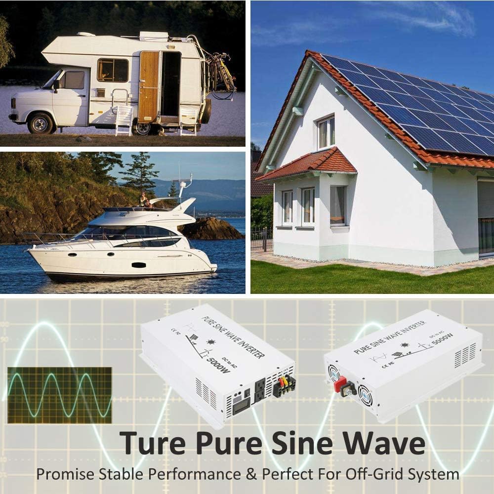 WZRELB 5000W Pure Sine Wave Power Inverter DC 48V to 110V 120V AC Car Inverter with Dual Outlets +Hardwire Terminal +Digital LED Display Solar Converter