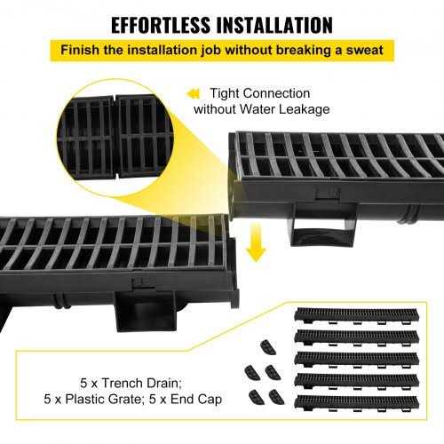 VEVOR Trench Drain System Channel Drain with Plastic Grate 5.8x3.1 inch Hdpe Drainage Trench - Shop Hardware Tools Online Store