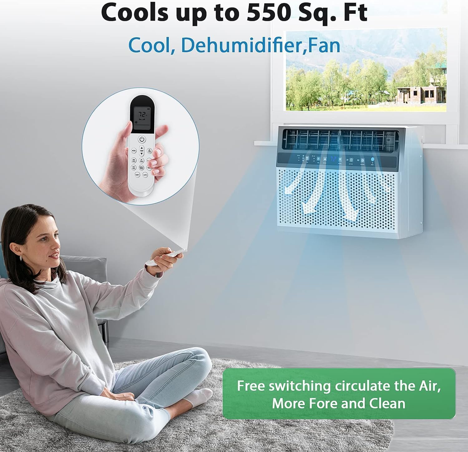 Joy Pebble 12000 BTU Window Air Conditioner, 3 in 1 Ac Window Unit for Room Cools up to 550 Sq.Ft,Dehumidifier&Fan with Energy Saving mode,3 Fan Speeds& Quiet Operation
