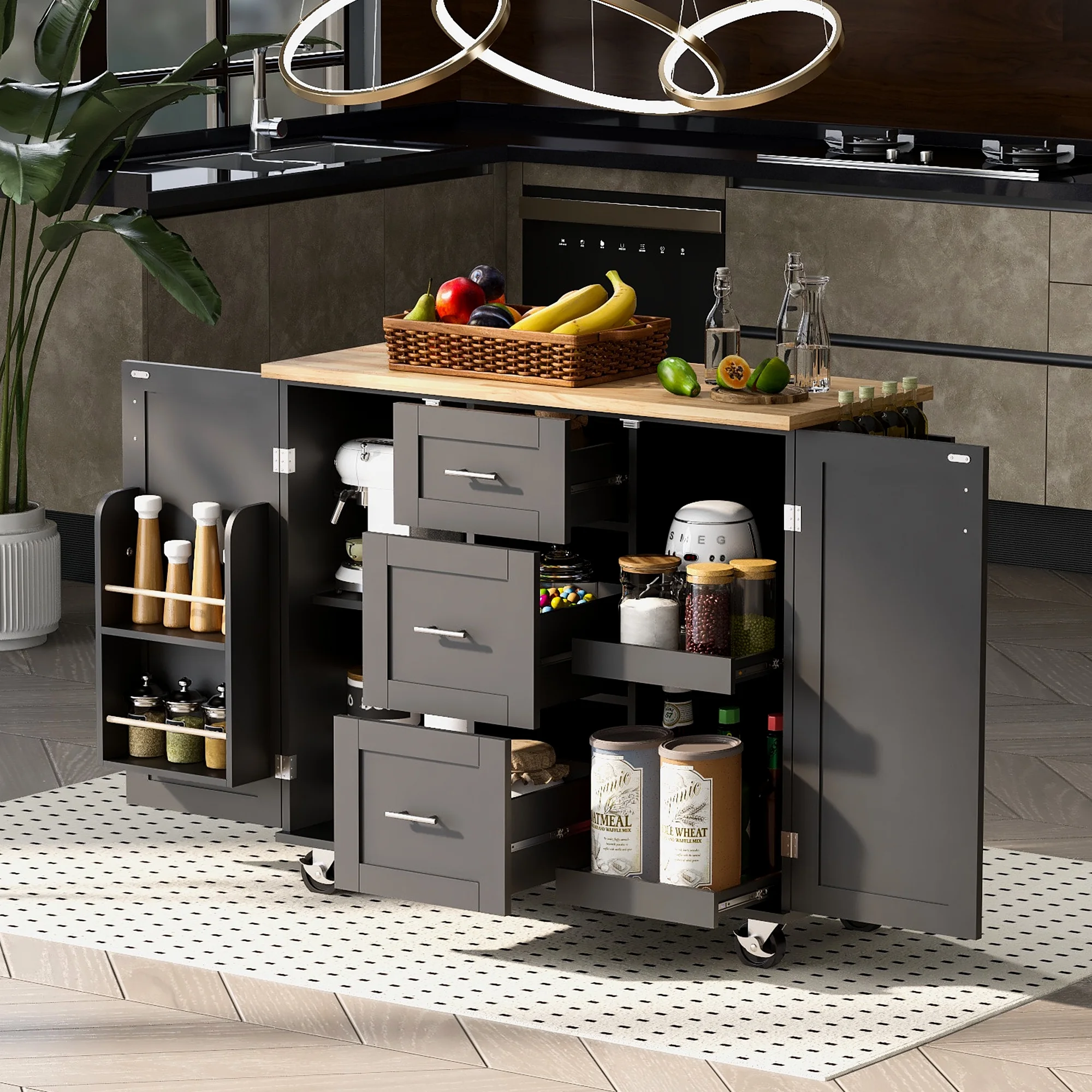 Rolling Kitchen Island with Storage, Kitchen Cart with Rubber Wood Top, 3 Drawer, 2 Slide-Out Shelf and Internal Storage Rack, Kitchen Island On Wheels with Spice Rack & Tower Rack, Black - Curated Treasures Market
