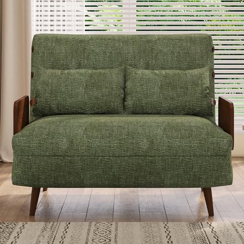3-in-1 Convertible Chair Bed Sleeper for Adults, Linen Convertable Sleeper Chair with Wooden Arms & Pillows, Foldable Single Futon Sofa Bed (Mid Century with Walnut Arm, 36.6" Wide)