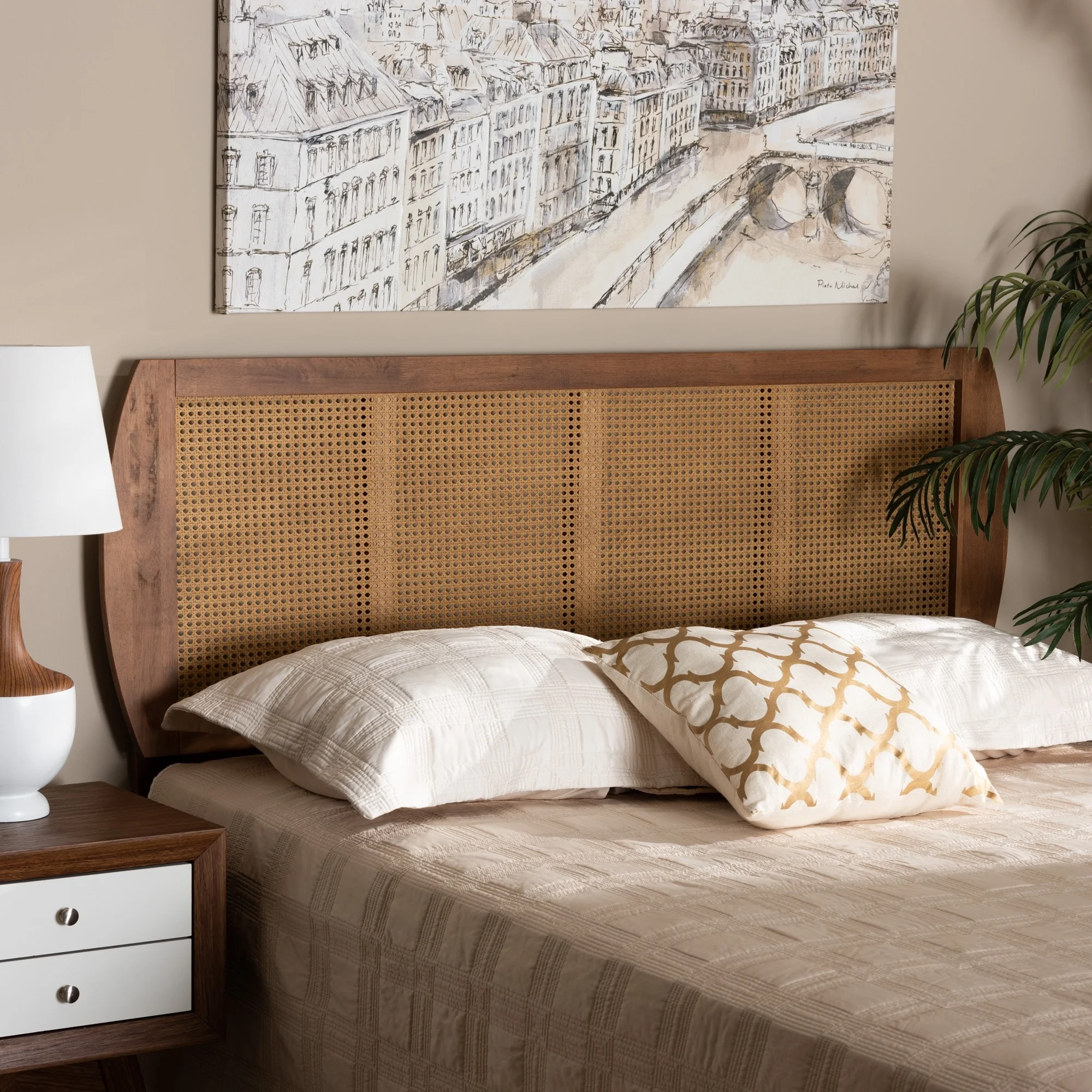 Baxton Studio Harris Ash Walnut Wood and Synthetic Rattan Headboard King