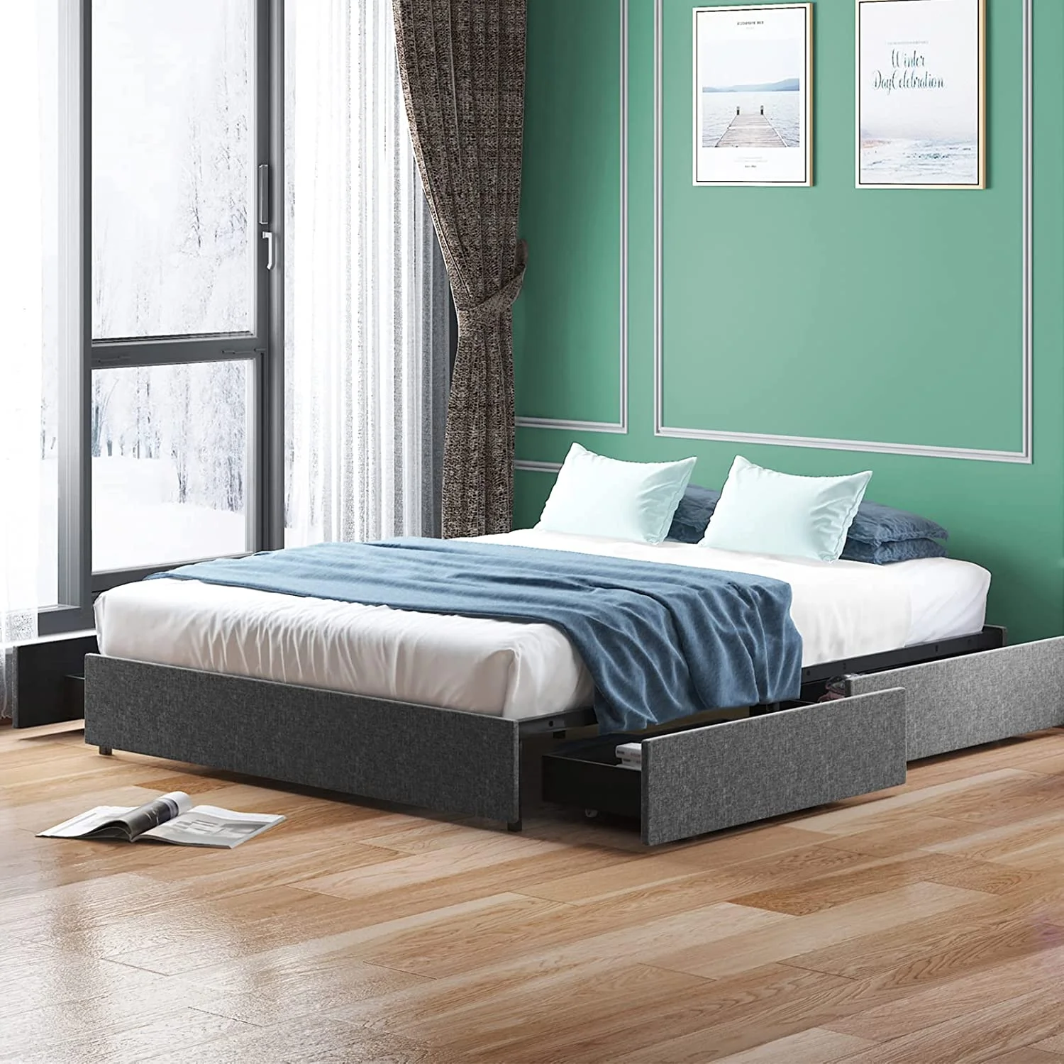 Cal King Size Bed Frame with 4 Storage Drawers Soft Cotton Linen Fabric King Size Platform Bed Frame with Wood Slat Support No Box Spring Needed/Easy Assembly/Space Saving  Dark Grey