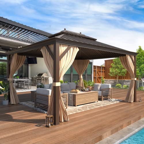 YOLENY 10' x 12' Hardtop Gazebo, Wood-Looking Gazebo with Galvanized Steel Double Roof, Aluminum Frame, Permanent Metal Pavilion with Netting and Curtains for Deck, Backyard, Patio and Lawns