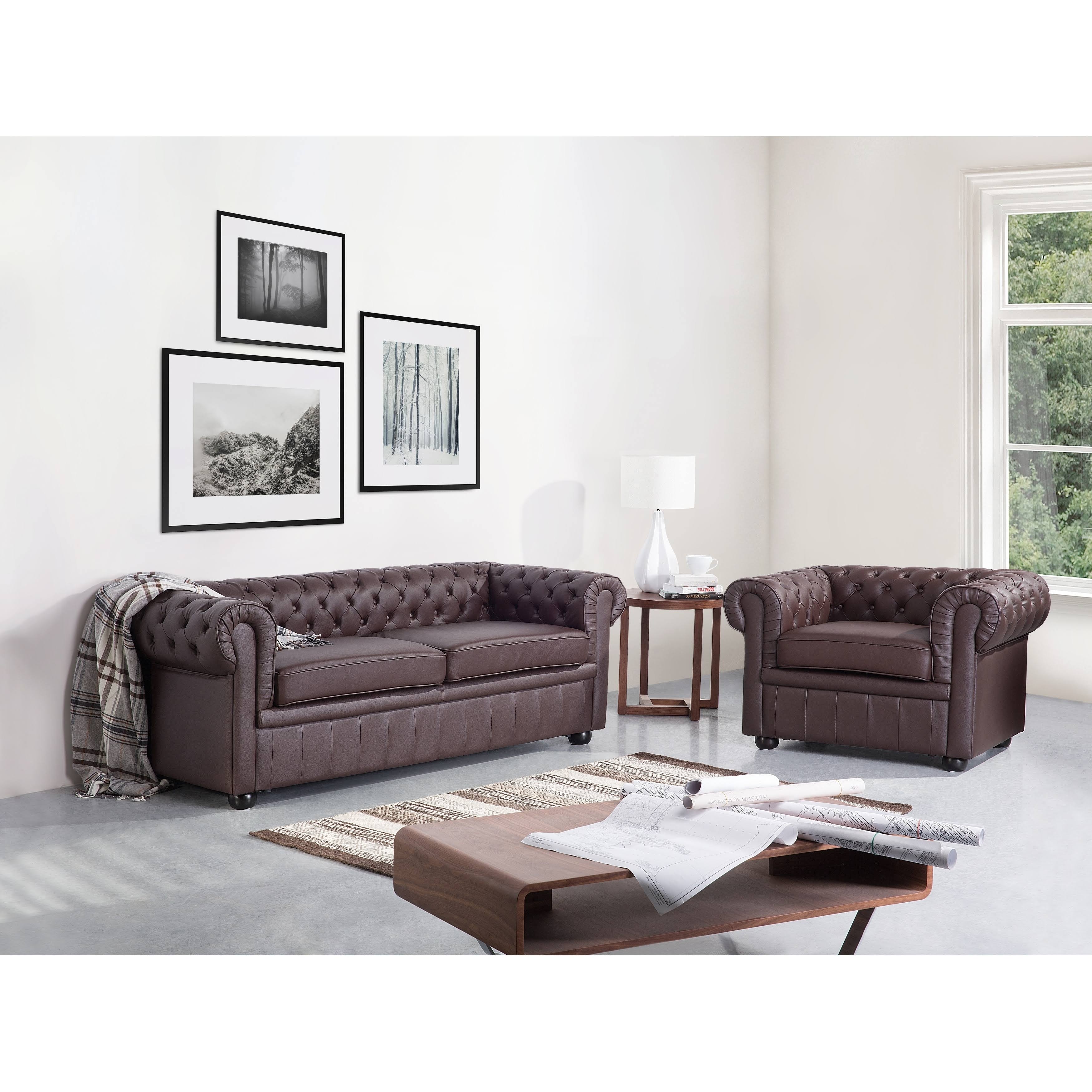 Beliani Tufted Leather Armchair Brown Chesterfield