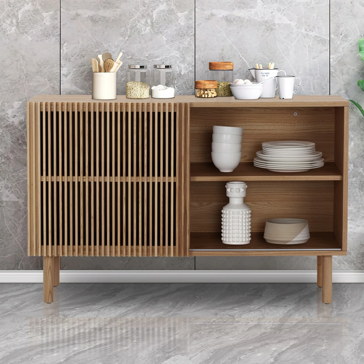 48.in Wood Oak Buffet Sideboard Accent Storage Cabinet - Curated Treasures Market