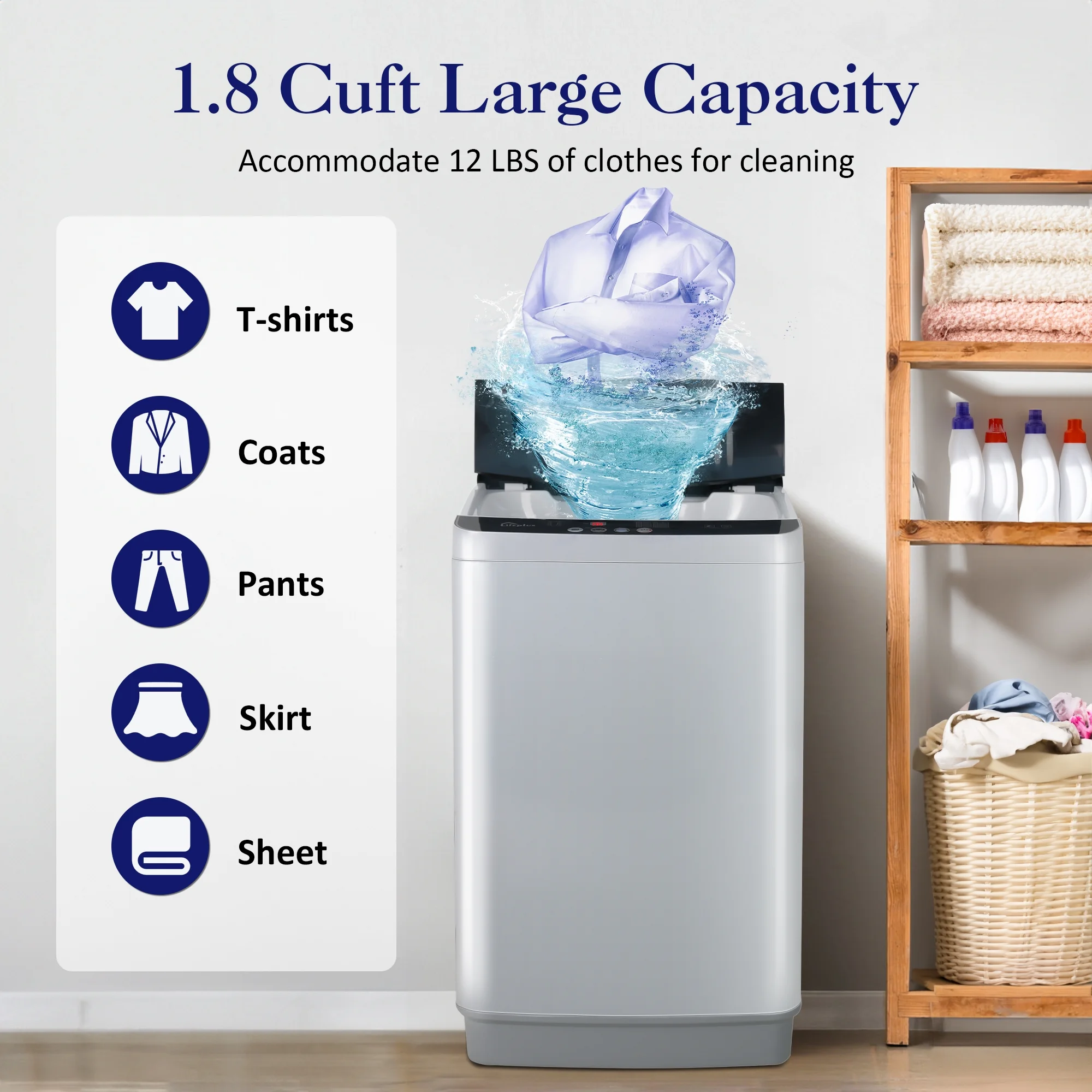 LifePlus Portable Washing Machine, 1.8Cu.ft Large Capacity Full Automatic Clothes Washer Machines, Compact Laundry Washer for Home Apartment, Gray