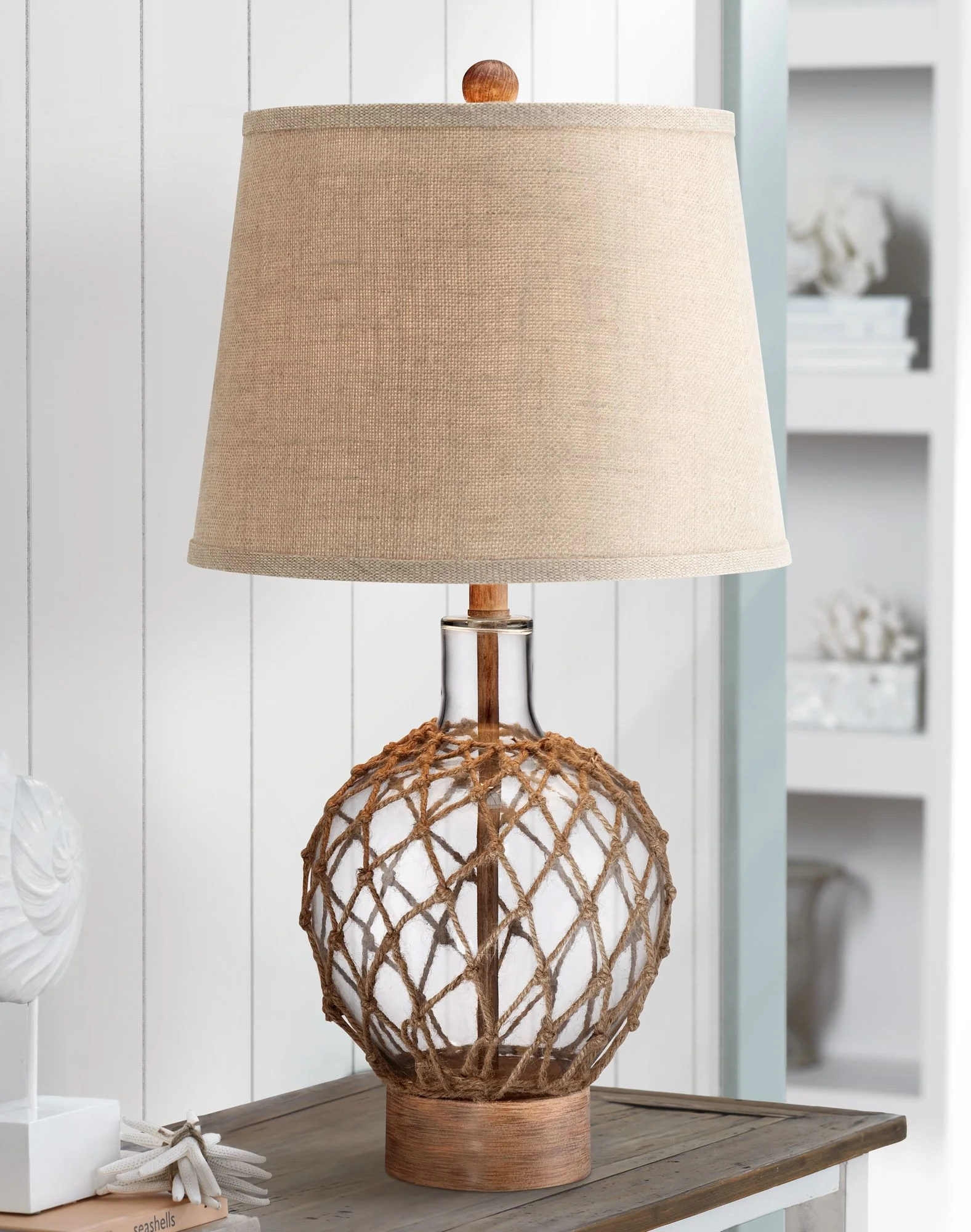 360 Lighting Coastal Table Lamps 27" Tall Set of 2 Rope and Clear Glass Jug Burlap Drum Shade for Living Room Family Bedroom Nightstand
