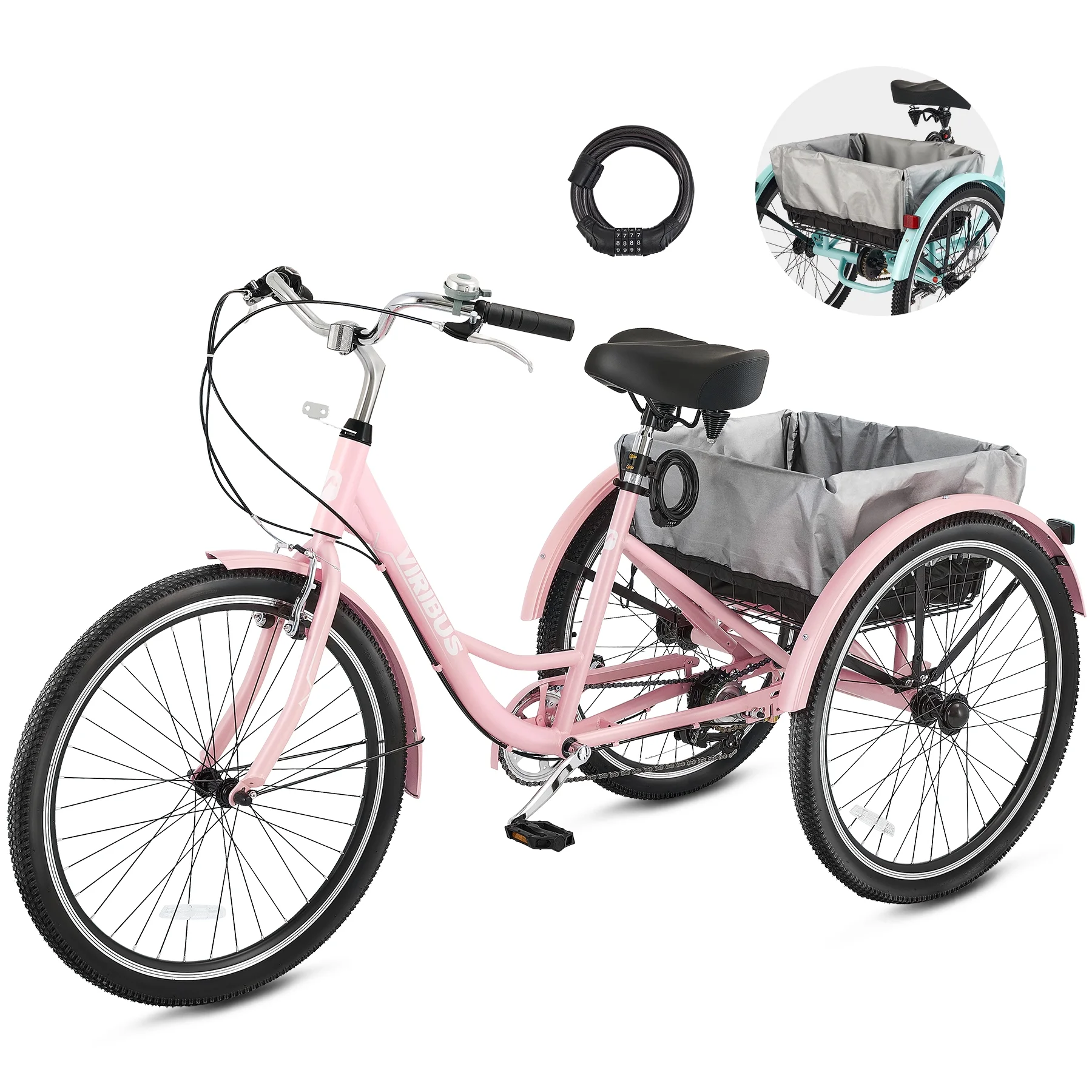 24" Adult Tricycle 7 Speed Three Wheel Bike Adult Trike with Dual Chains Pink - Curated Treasures Market