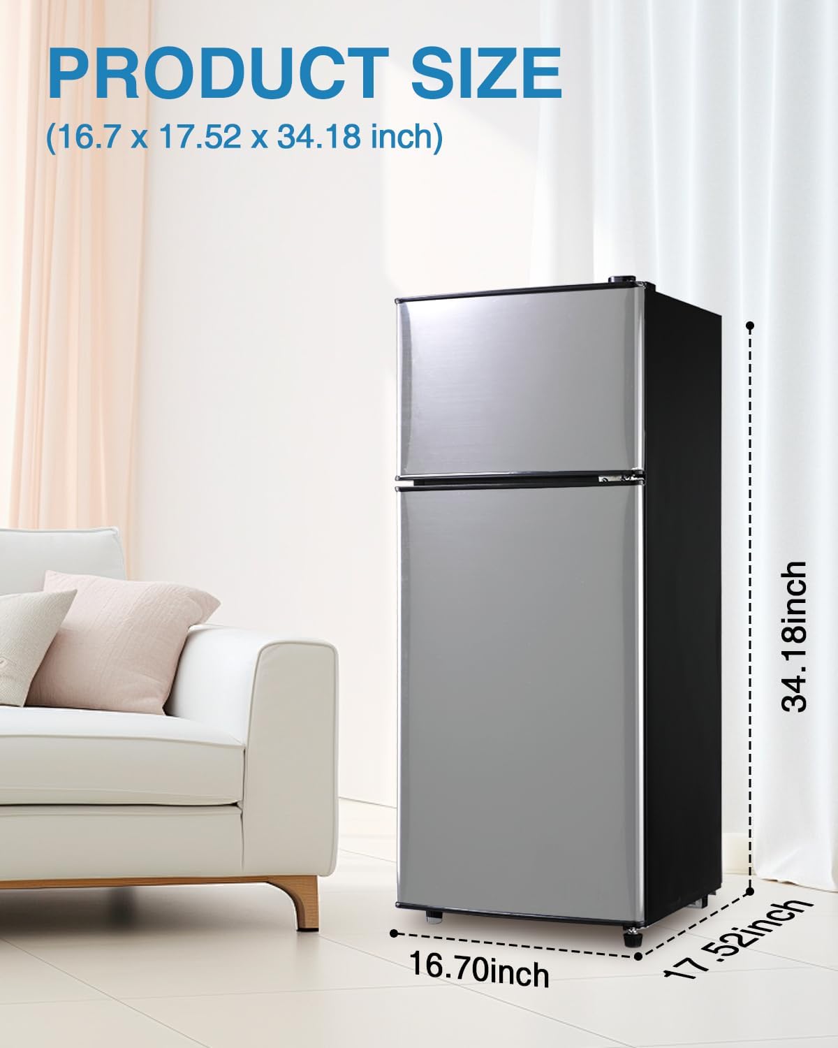 3.5 Cu.Ft Mini Fridge with Freezer, Double Door, Small Refrigerator,7-Level Adjustable Thermostat, Quiet Mini Fridge for Bedroom, Dorm, Office, Apartment Silver