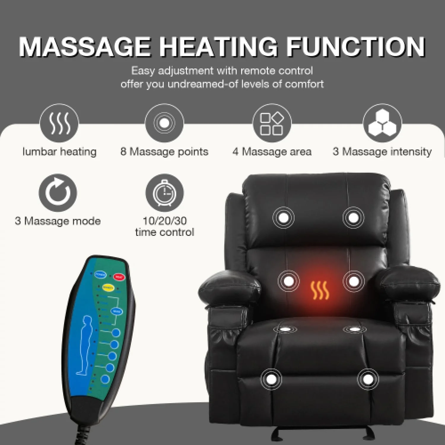 Oversized Power Rocker Recliner with Heat and Massage, Leather Recliner Chairs for Adults, Ergonomic Single Sofa Chair with Cup Holders, Side Pockets and USB, for Living Room/Office (Black)